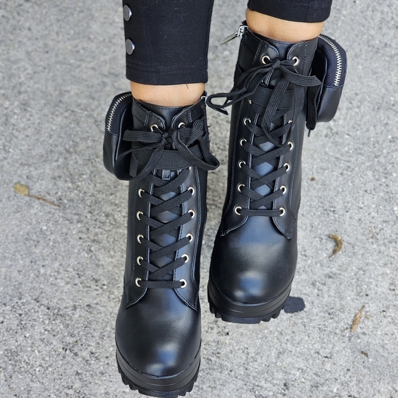 Black Women’s Lace Up Block Heel Booties Side Zipper & Pouches - Picture 3 of 5